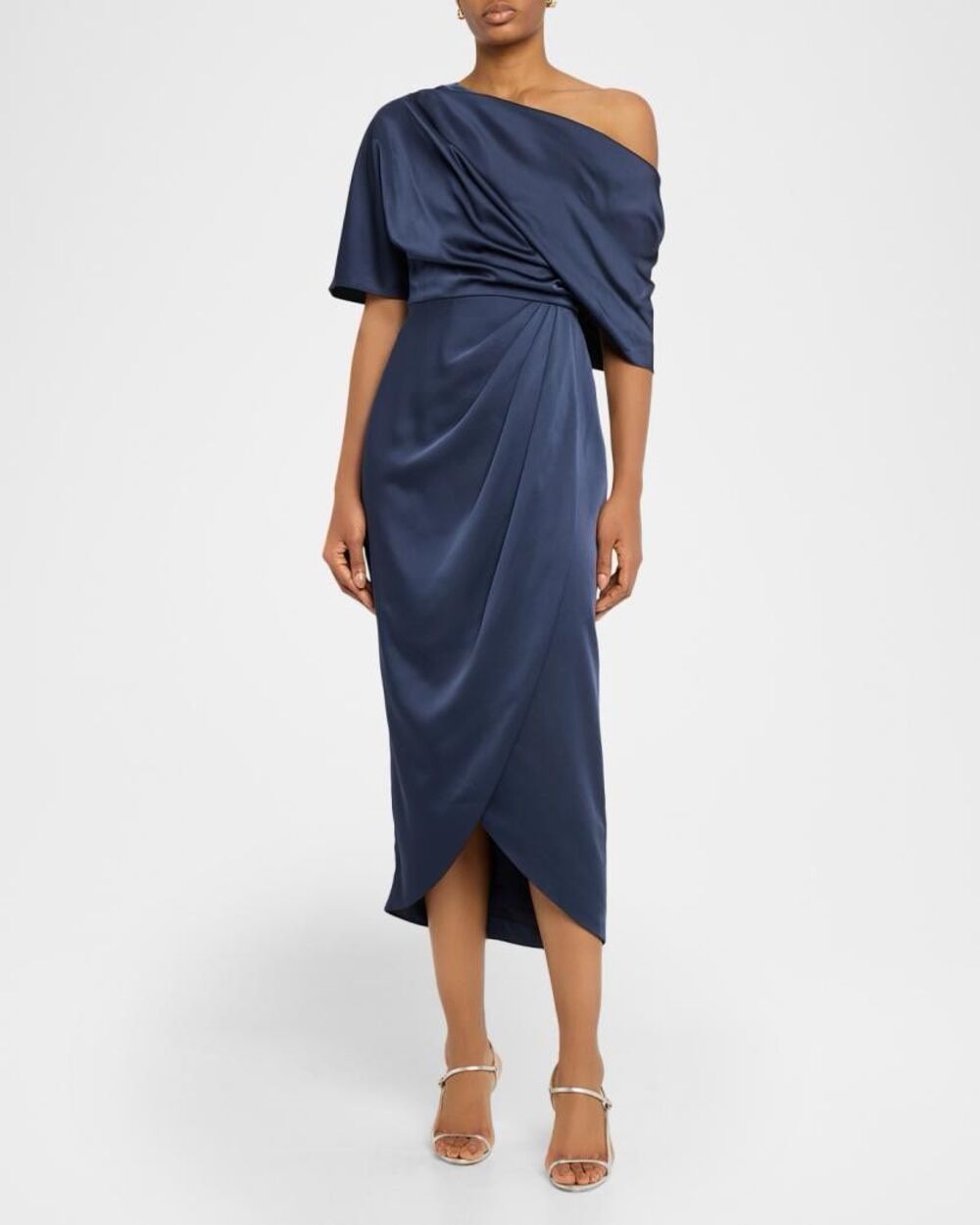 Theia Rayna Draped One-Shoulder Satin Midi Dress in ODYSSEY GR Size US 2 $795